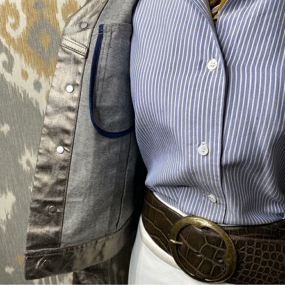 Ralph Lauren Black Label Denim Shearling Trimmed Metallic Coated Trucker Jacket - Picture 13 of 16